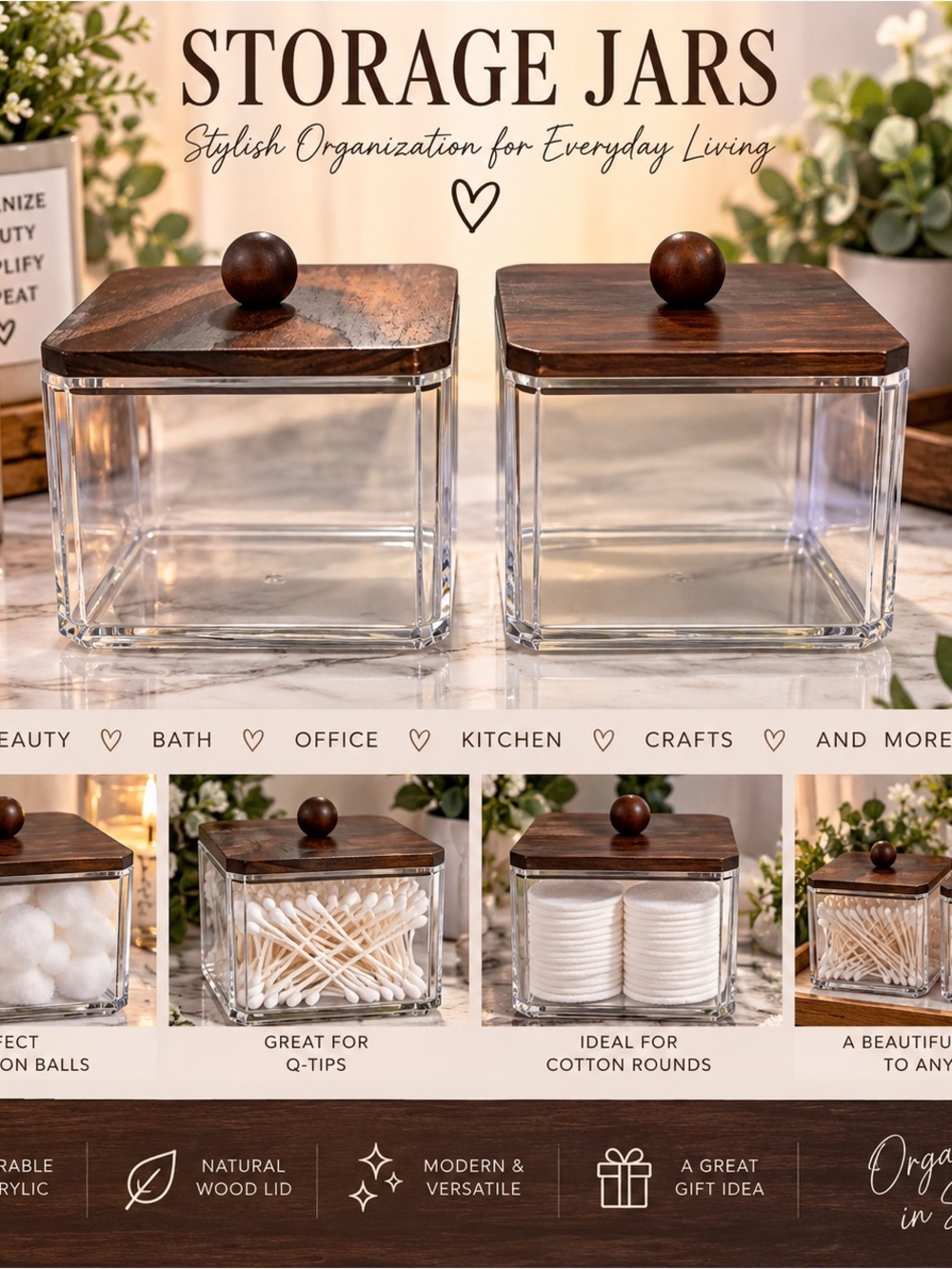 🤎 Clear Acrylic Storage Jars with Wood Lids — Set of 2